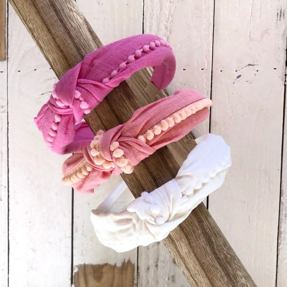 Child's Summer Linen Top Knot Pom Pom Headband Boho Headbands Gifts for Girls